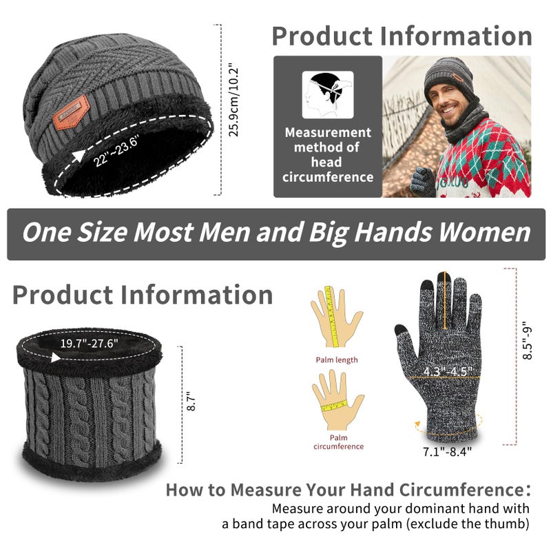 MAYLISACC 3 Pcs Mens Womens Winter Warm Fleece Beanie Hat with Touch Screen Gloves and Neck Warmer Gaiter Set Grey - Image 2